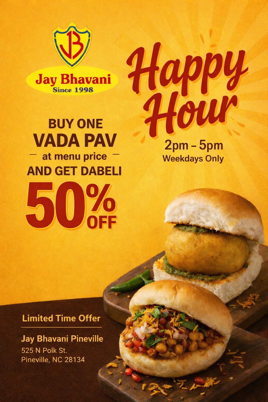 Happy Hour: Buy 1 Vada Pav, Get Dabeli 50% OFF
